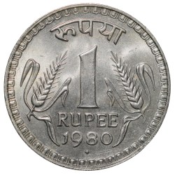 Alternative view of Copper-Nickel 1 Rupee of Republic India (AD 1980) of Bombay Mint Security Edge UNC Grade