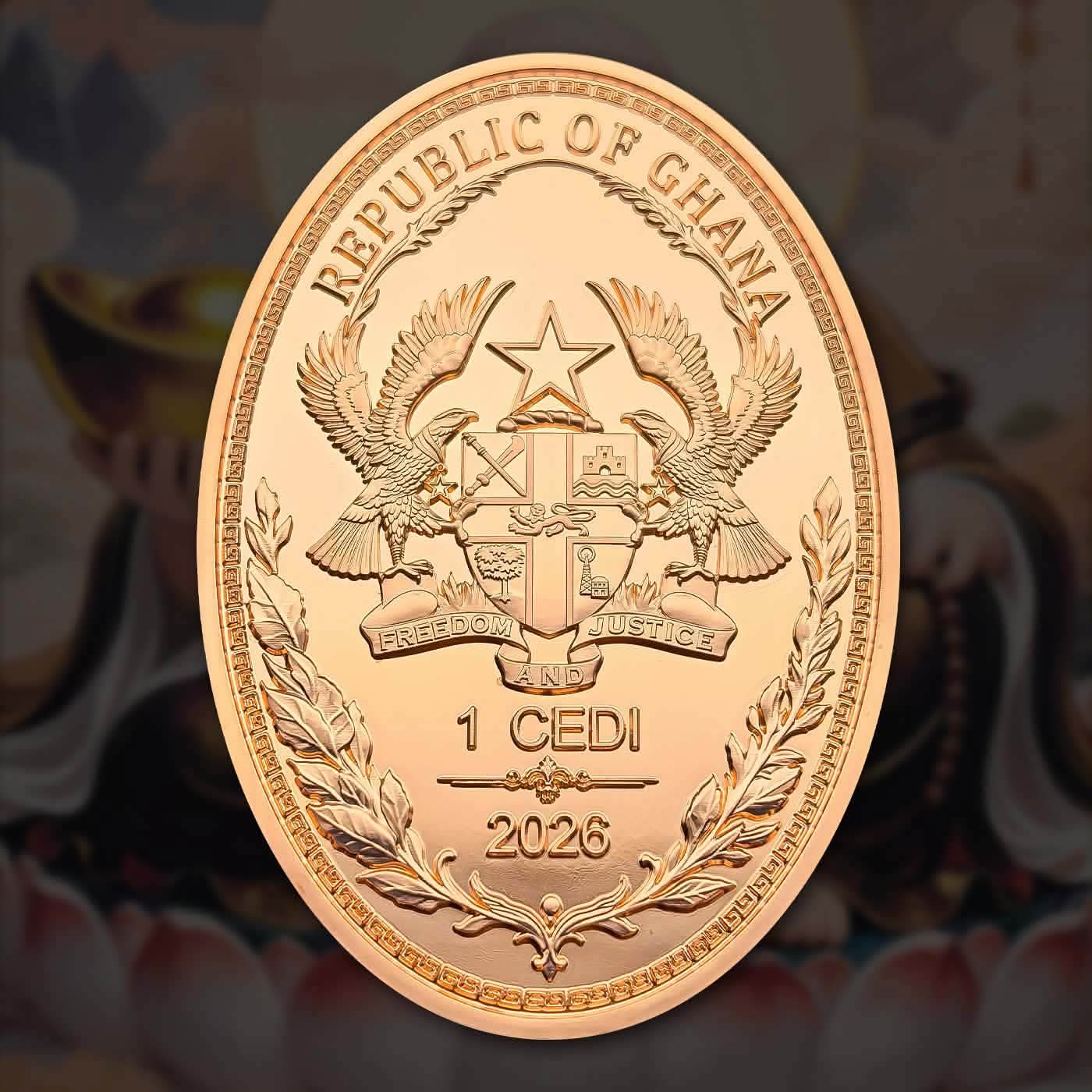 Extremely Rare Item 2026 commemorative copper coin from the Maitreya Buddha of 1 Cedi Proof Coin Issued Republic of Ghana Mint