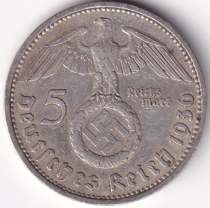 Swastik Symbol 5 Marks Germany 1936 D mark Silver 13.8 Grams Weight Rare