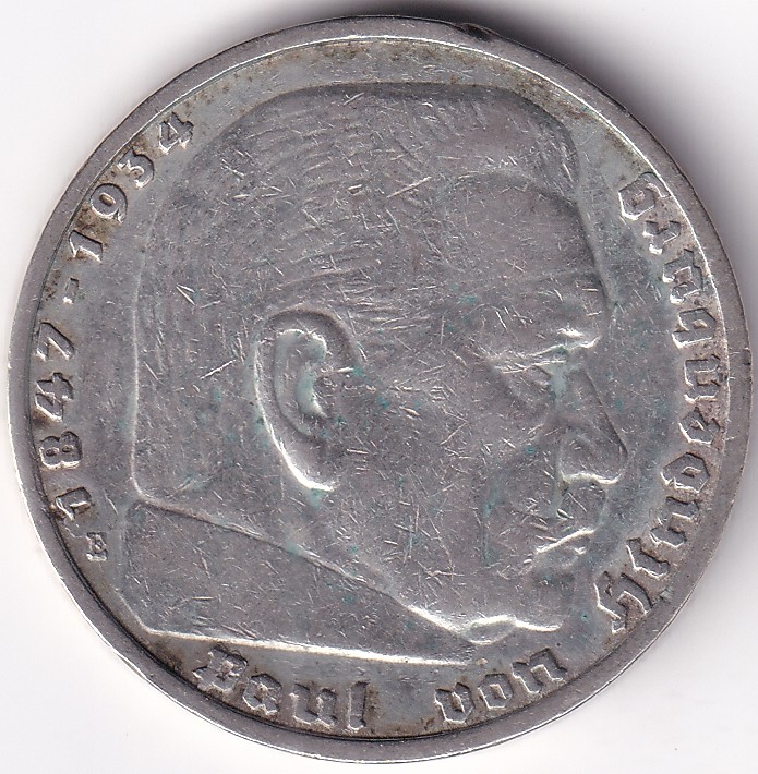 5 Reichmsark Germany 1936 E mark Silver 13.8 Grams Weight Rare