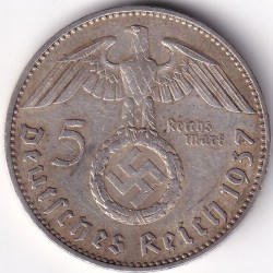 5 Reichmsark Germany 1937 J mark Silver 13.8 Grams Weight Rare