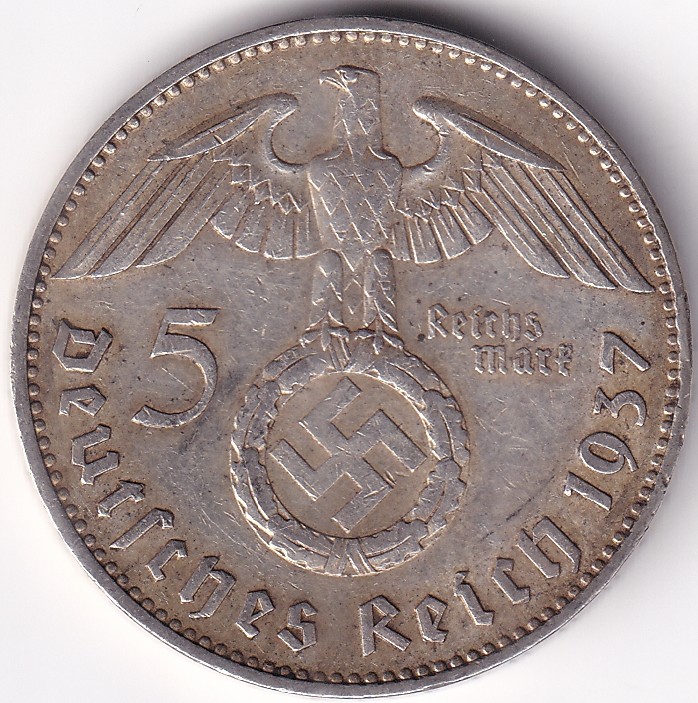 5 Reichmsark Germany 1937 J mark Silver 13.8 Grams Weight Rare