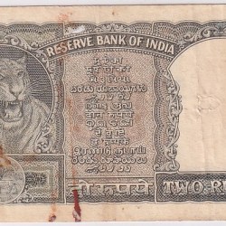Alternative view of Olive green color 2 Rupees P c bhattacharya Fine Rubber Melting Marks Note