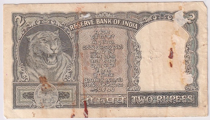 Olive green color 2 Rupees P c bhattacharya Fine Rubber Melting Marks Note