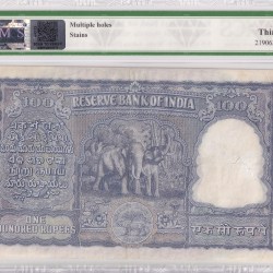 Alternative view of India 100 Rs B Rama Rau Graded Very Fine 30 PMCS Rare Old Note