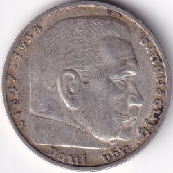 Alternative view of 5 Reichmsark Germany 1937 J mark Silver 13.8 Grams Weight Rare
