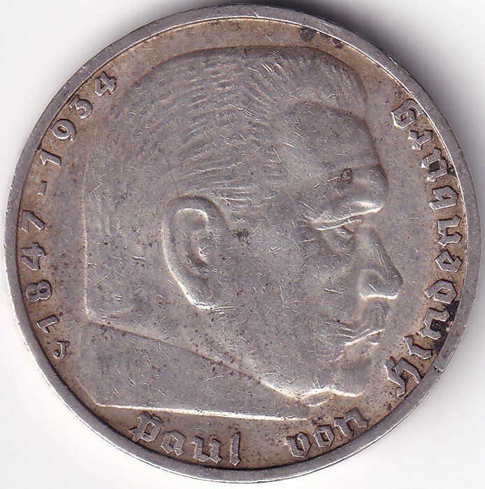 5 Reichmsark Germany 1937 J mark Silver 13.8 Grams Weight Rare