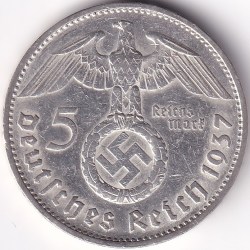5 Reichmsark Germany 1937 G mark Silver 13.8 Grams Weight Rare