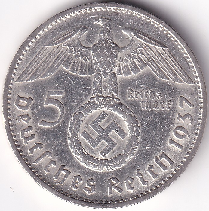5 Reichmsark Germany 1937 G mark Silver 13.8 Grams Weight Rare