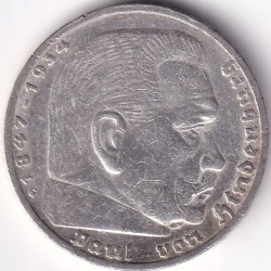 Alternative view of 5 Reichmsark Germany 1937 G mark Silver 13.8 Grams Weight Rare
