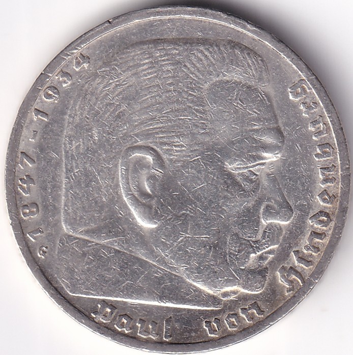 5 Reichmsark Germany 1937 G mark Silver 13.8 Grams Weight Rare
