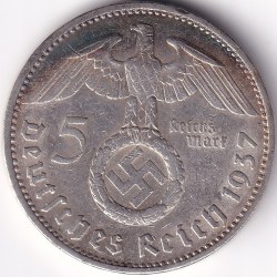 5 Reichmsark Germany 1937 A mark Silver 13.8 Grams Weight Rare