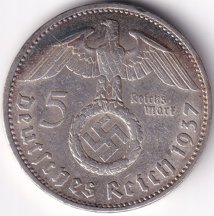 5 Reichmsark Germany 1937 A mark Silver 13.8 Grams Weight Rare