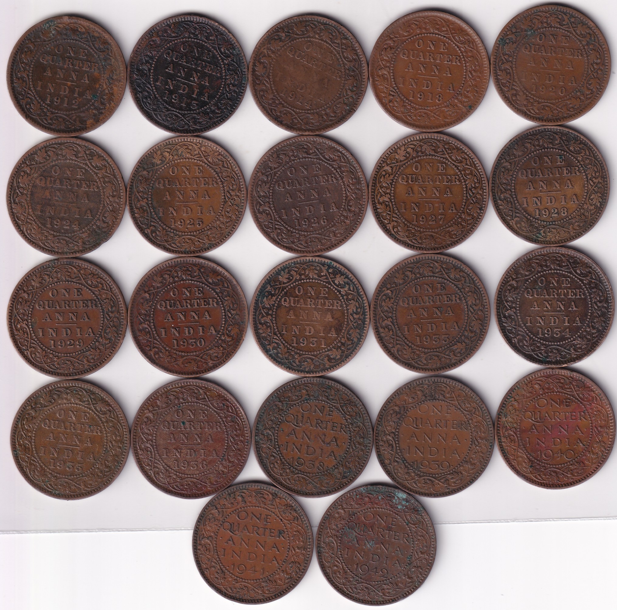 Quarter Anna 22 Different Years Collection Set of British India EX Rare #1