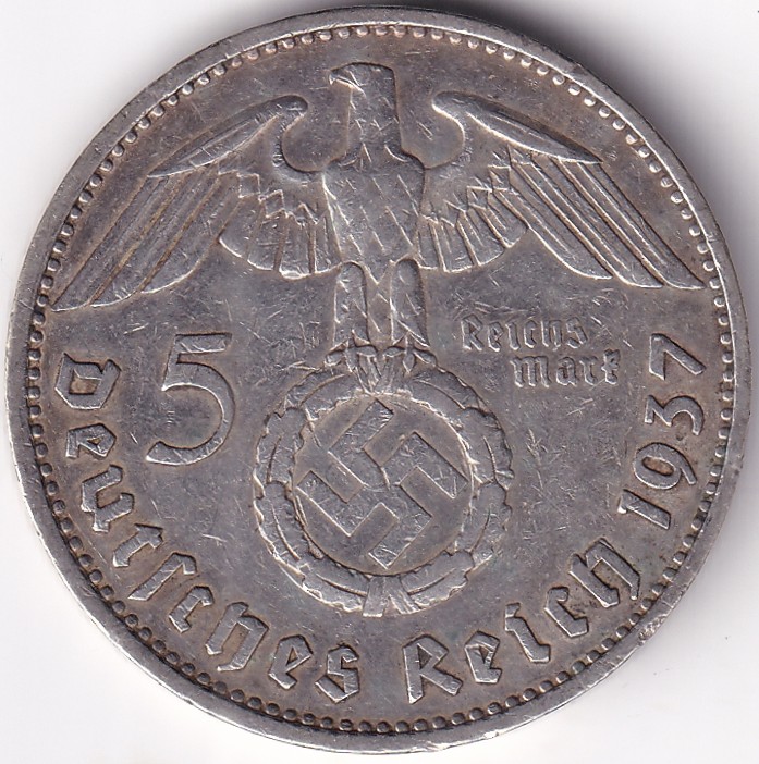 5 Reichmsark Germany 1937 E mark Silver 13.8 Grams Weight Rare