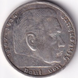 Alternative view of 5 Reichmsark Germany 1937 E mark Silver 13.8 Grams Weight Rare