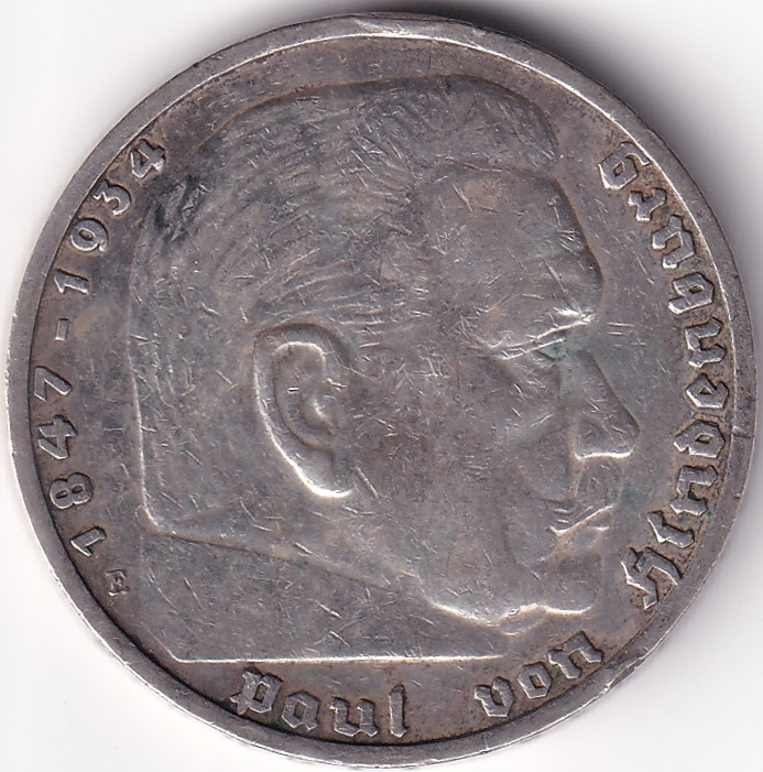 5 Reichmsark Germany 1937 E mark Silver 13.8 Grams Weight Rare