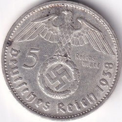 5 Reichmsark Germany 1938 E mark Silver 13.8 Grams Weight Rare