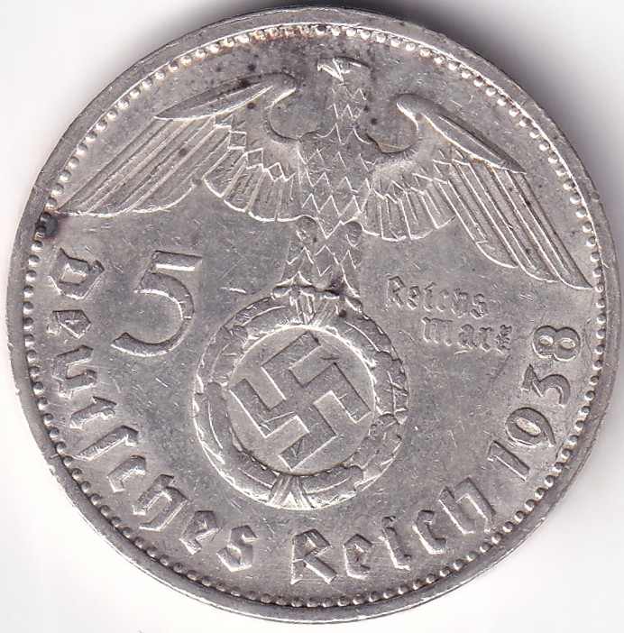 5 Reichmsark Germany 1938 E mark Silver 13.8 Grams Weight Rare