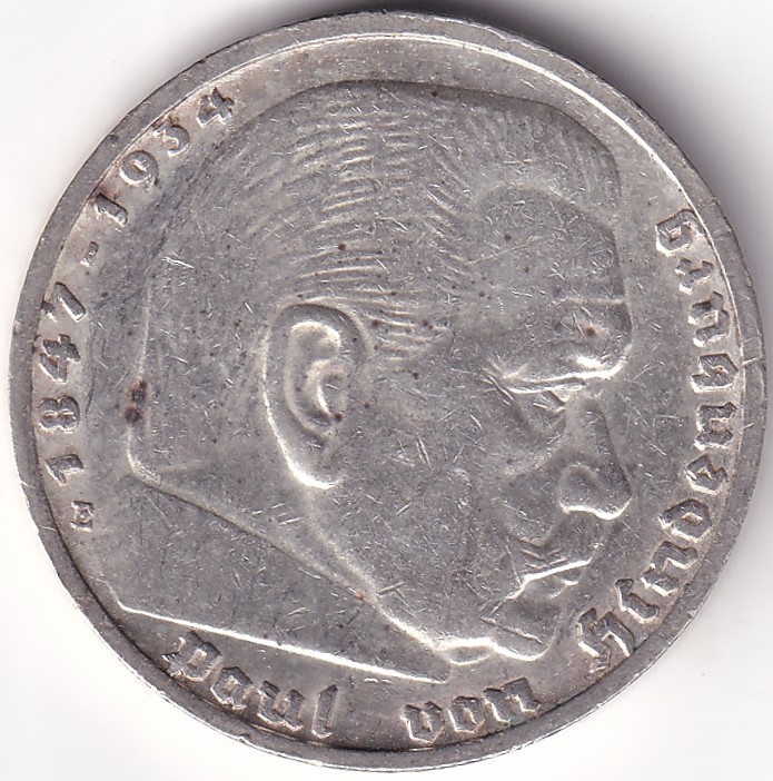 5 Reichmsark Germany 1938 E mark Silver 13.8 Grams Weight Rare