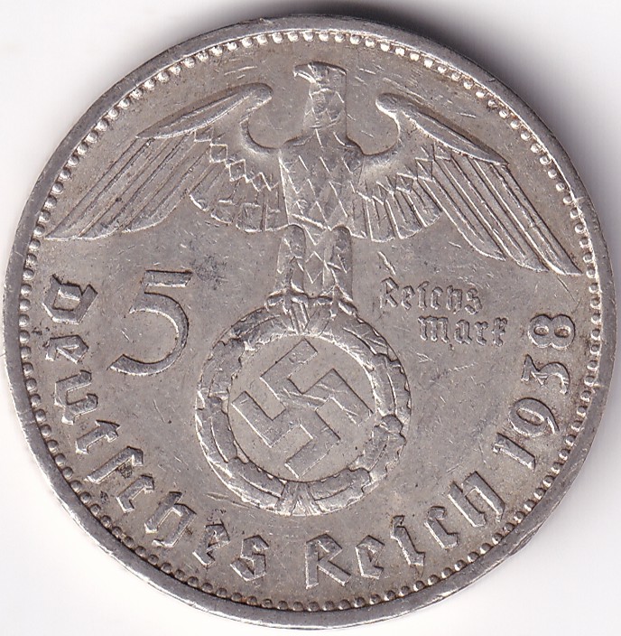 5 Reichmsark Germany 1938 A mark Silver 13.8 Grams Weight Rare