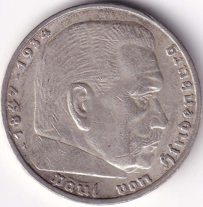 5 Reichmsark Germany 1938 A mark Silver 13.8 Grams Weight Rare - Image 2