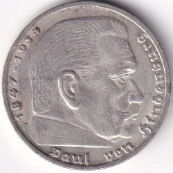 Alternative view of 5 Reichmsark Germany 1938 F mark Silver 13.8 Grams Weight Rare