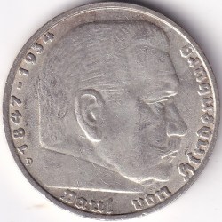 Alternative view of 5 Reichmsark Germany 1938 D mark Silver 13.8 Grams Weight Rare