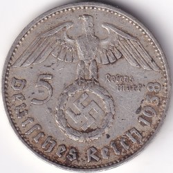 5 Reichmsark Germany 1938 J mark Silver 13.8 Grams Weight Rare