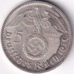 5 Reichsmark Germany 1939 D mark Silver 13.8 Grams Weight Rare