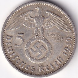 5 Reichsmark Germany 1939 J mark Silver 13.8 Grams Weight Rare