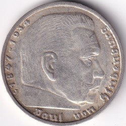 Alternative view of 5 Reichsmark Germany 1939 J mark Silver 13.8 Grams Weight Rare