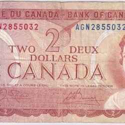 2 Dollars 1974 Canada Very Fine Used Note #1