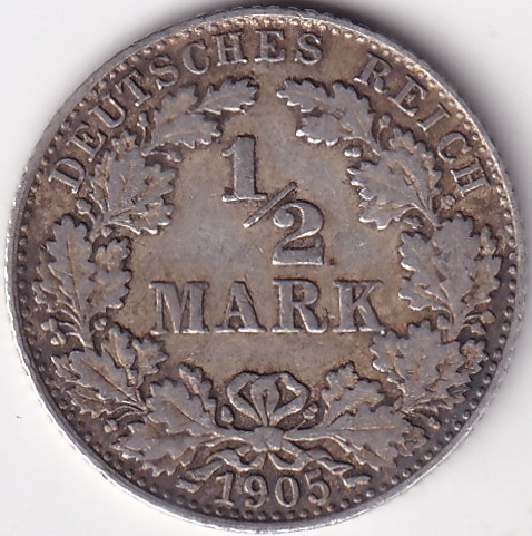 1/2 Mark Germany 1905 Eagle Silver D Mark Silver Rare Coin