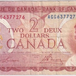 2 Dollars 1974 Canada Very Fine Used Note #3