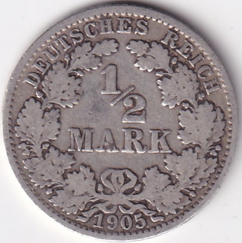 1/2 Mark Germany 1905 Eagle Silver A Mark Silver Rare Coin