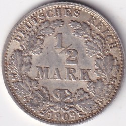 1/2 Mark Germany 1909 Eagle Silver J Mark Silver Rare Coin