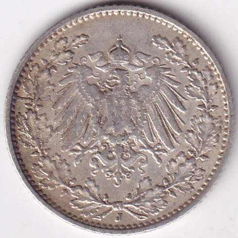 1/2 Mark Germany 1909 Eagle Silver J Mark Silver Rare Coin