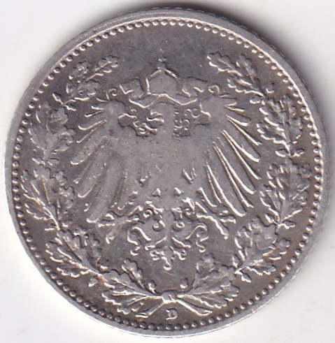 1/2 Mark Germany 1909 Eagle Silver D Mark Silver Rare Coin