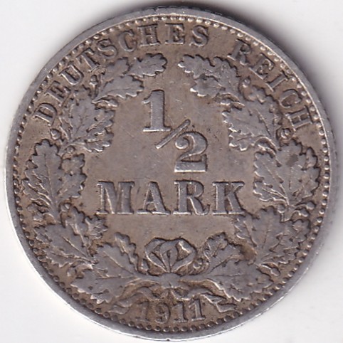 1/2 Mark Germany 1911 Eagle Silver A Mark Silver Rare Coin