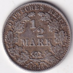 1/2 Mark Germany 1911 Eagle Silver G Mark Silver Rare Coin