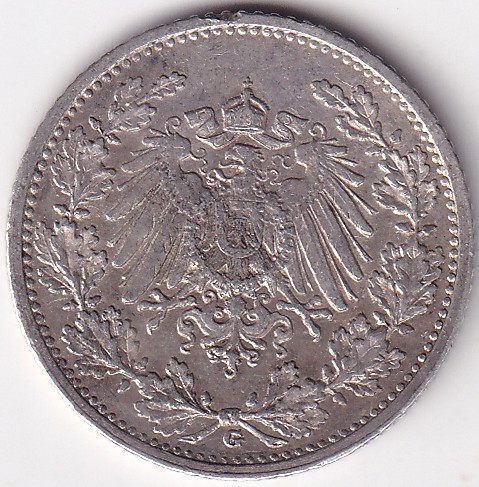 1/2 Mark Germany 1911 Eagle Silver G Mark Silver Rare Coin