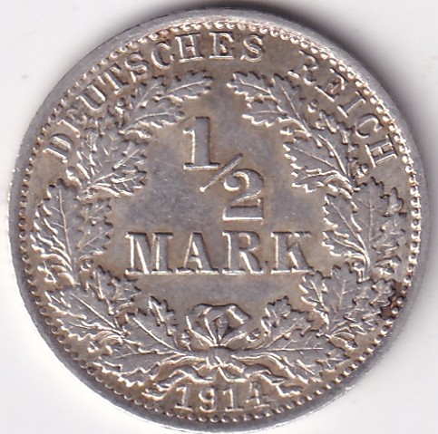 1/2 Mark Germany 1914 Eagle Silver A Mark Silver Rare Coin