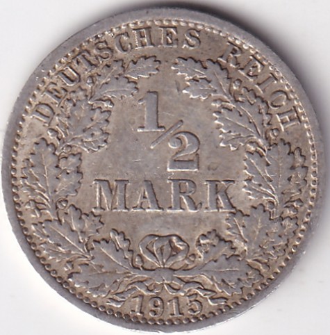 1/2 Mark Germany 1915 Eagle Silver A Mark Silver Rare Coin