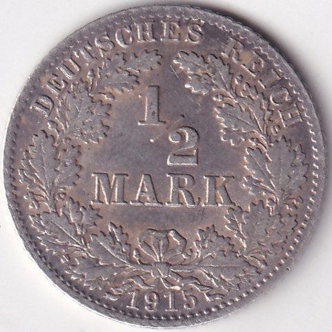1/2 Mark Germany 1915 Eagle Silver D Mark Silver Rare Coin
