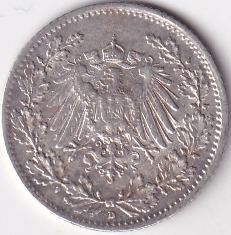 1/2 Mark Germany 1915 Eagle Silver D Mark Silver Rare Coin - Image 2