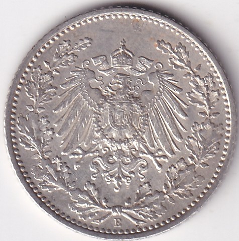 1/2 Mark Germany 1916 Eagle Silver E Mark Silver Rare Coin