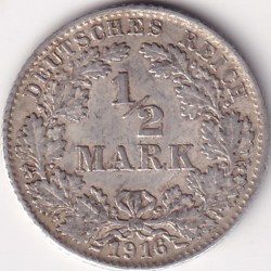 1/2 Mark Germany 1916 Eagle Silver D Mark Silver Rare Coin