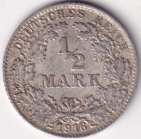 1/2 Mark Germany 1916 Eagle Silver D Mark Silver Rare Coin