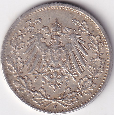 1/2 Mark Germany 1916 Eagle Silver D Mark Silver Rare Coin